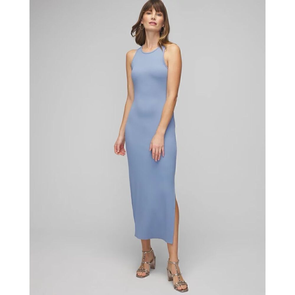 WHBMFORME Women’s Rib High Performance Material Sleeveless Midi Dress in Denim B